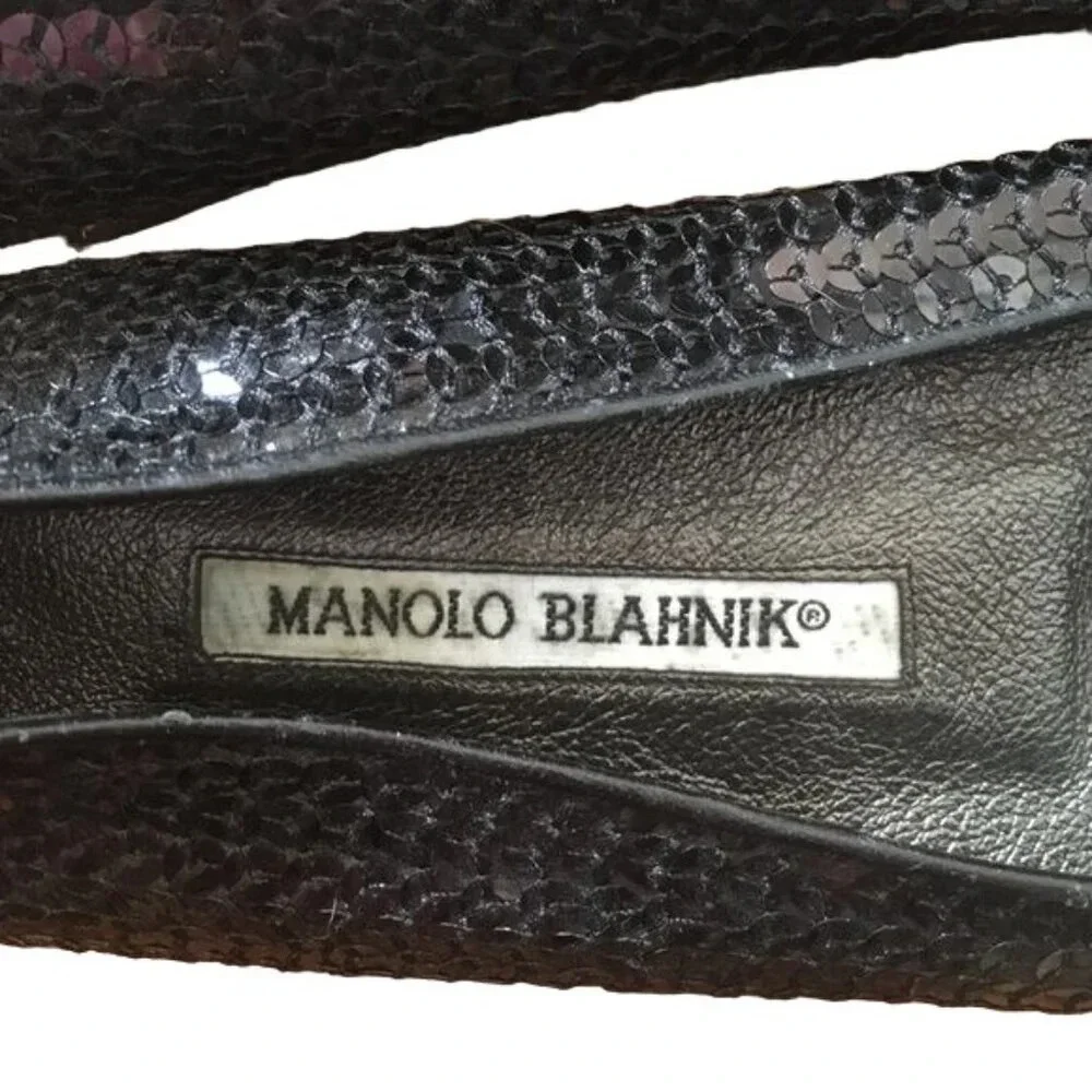 Manolo Blahnik Y2K Rare Vintage Black Sequin Ballet Flats Skimmers Shoes 39 8.5